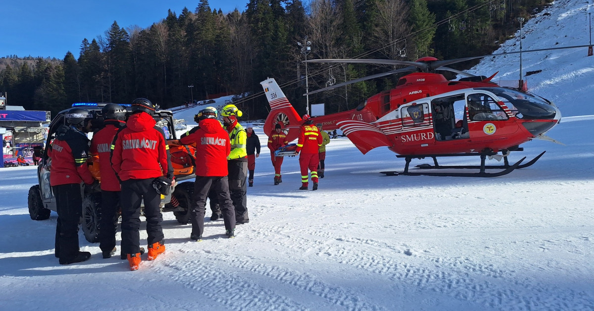 Accident grav pe o pârtie din Azuga: Un bărbat a suferit o lovitură serioasă la cap, fiind solicitat un elicopter SMURD.