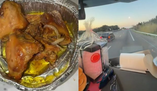 Soția unui șofer român de TIR prepară pui cu mujdei în cabina camionului, în timp ce el este la volan: „Fac repede și o salată.”