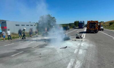 Un motociclist a decedat în urma unui accident cu un camion pe DN1, în județul Cluj, iar motocicleta a luat foc.